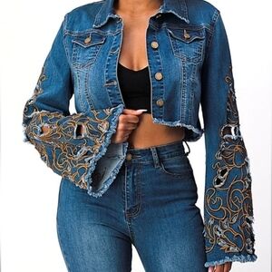 Cropped Embroidered Long Bell Sleeve Button Up Denim Jean Jacket